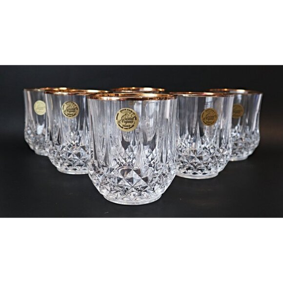 6 Cristal D' Arques Glasses Longchamp Lowball Rocks Glasses Diamond Cut Gold Rim - Picture 1 of 6